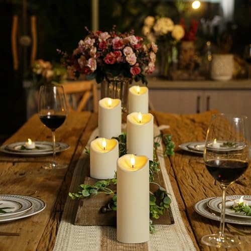 Homemory Outdoor Waterproof Flameless Candles, LED Candles, Battery Operated Candles with Remote and Timers, Electric Fake Plastic Pillar Candles, Ivory White, D3 H4 5" 6" 8" 8", Set of 5 - Image 3