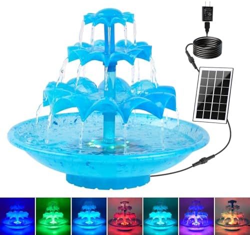 Yeomi 3-Tier Solar Fountain Pump with LED Lights, 24H Outdoor Water Feature, Detachable Design, Multi-Function Bird Bath Water Fountain for Garden Patio Yard Backyard Pond, 3.5W by Unknown