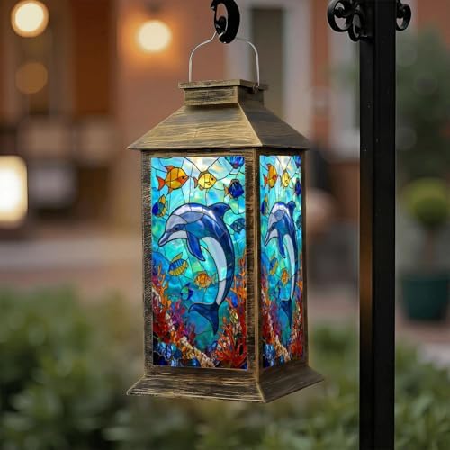 Solar Lantern Outdoor Waterproof Stained Glass Dolphin Colorful Tropical Fish Underwater Scene Garden Decor LED Hanging Solar Lights Tabletop Lamp Gifts for Women Mom Outside Yard Patio Porch by DERUINVAIO