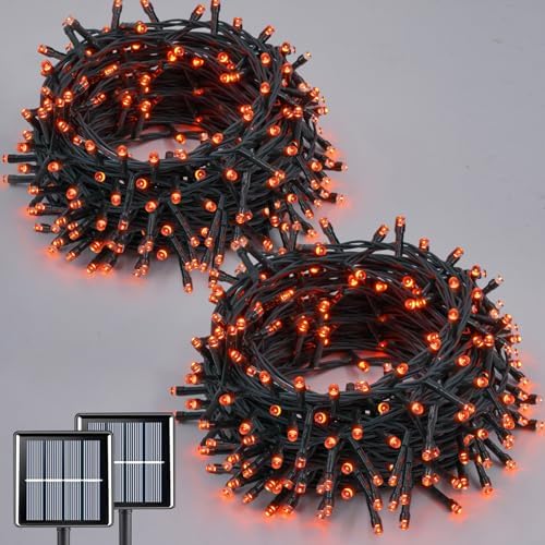 QITONG Solar Halloween String Lights, 2 Pack Each 66ft 200 LED Orange led Lights Outdoor Waterproof, Green Wire Twinkle Light with 8 Modes for Outside by QITONG
