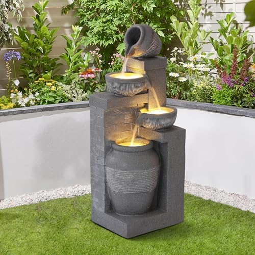Outdoor Water Fountain, 4 Tiered Waterfall Fountains with LED Lights, Garden Bowl Waterfalls, Modern Cascading Flow Fountain for Garden, Yard, Patio, Home Decor (Grey) by Unknown