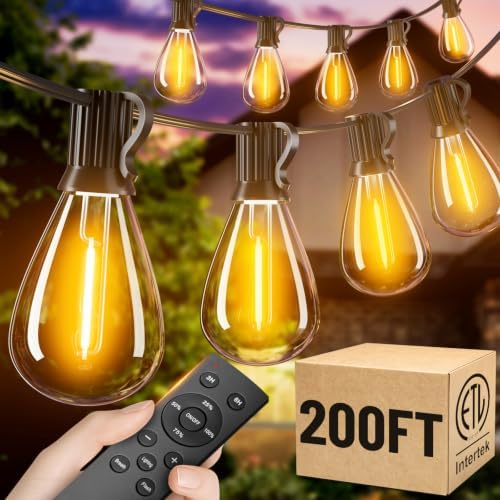 200FT Outdoor String Lights with Remote, Waterproof Patio Lights with 72+2 Shatterproof LED Bulbs,Dimmable Hanging Decor for Backyard Garden Porch Bistro, Timer & 3 Modes,2200K Warm White by AMZRAP