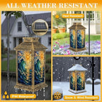 Solar Lantern Outdoor Waterproof Stained Glass Wave Sun Artwork Turquoise Gold Details Garden Decor LED Hanging Solar Lights Tabletop Lamp Gifts for Women Mom Outside Yard Patio Porch - Image 3