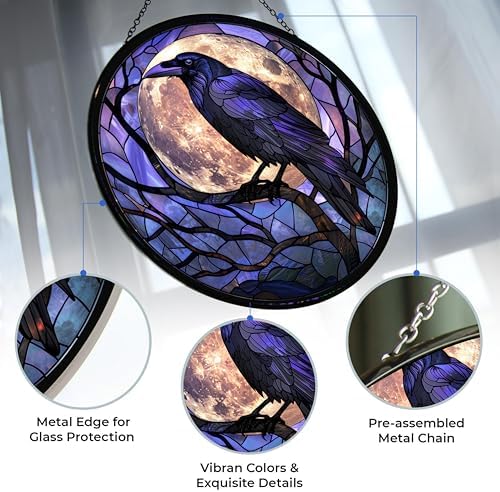 Crow Stained Glass Window Hanging,Hummingbird Sun Catchers Indoor Window Decor, Stained Glass Suncatcher Gifts for Women, Crow Lover, Christmas Decorations - Image 2