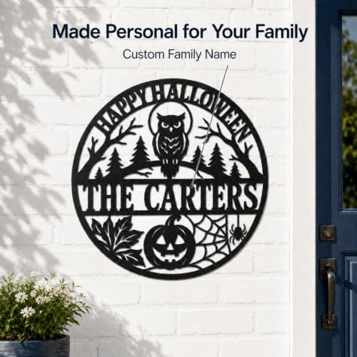 Personalized Halloween Metal Sign, Custom Family Name Wall Decor with Owl, Pumpkin and Spider Web, Round Front Door Sign for Porch, Entryway, Indoor Outdoor Home Decoration - Image 7