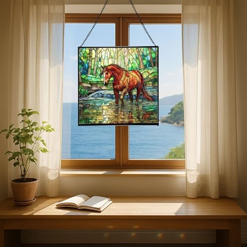 Chestnut Tennessee Walking Horse Stepping Through Shallow Creek Square Suncatcher – Stained Glass Style Window Panel with Scene, Custom Decorative Hanging Art for Equestrian Home, Christmas sxk4hZ - Image 5
