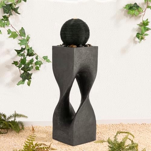 Glitzhome Outdoor Water Fountain, 36.5" H Polyresin Outdoor Fountain with Pebbles, Pump and LED Light, Modern Geometric Pedestal and Sphere Garden Fountain Waterfall for Patio, Backyard, Porch, Deck by Glitzhome