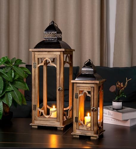 Large Farmhouse Decorative Wooden Lantern Set of 2, Rustic Brown Floor Lanterns, Indoor/Outdoor Hurricane Lanterns for Home Decor (No Glass) - Image 2