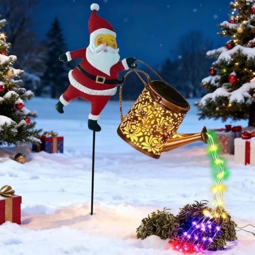 Christmas Solar Lights Outdoor Metal Stake Santa Watering Can Lantern - Image 2