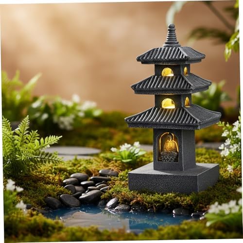 Pagoda Garden Statue, 10 Inch Weatherproof Solar Garden Decor, LED Light Zen Japanese Lantern for Backyard Balcony Patio Lawn Yard, Grey, Ornaments de Jardin - Image 3