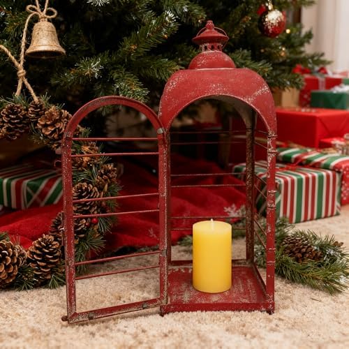 Vintage Red Metal Candle Lantern 2Pcs 25in & 20in Distressed Rustic Large Lanterns Farmhouse Hanging Candle Holder Lantern for Indoor & Outdoor Front Porch Patio Xmas Decor（NO Glass） - Image 4