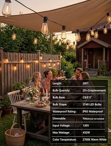 20FT ST40 LED Outdoor String Lights with 22 Shatterproof Vintage Edison Bulbs, Patio String Lights Waterproof for Backyard Porch Garden Balcony Party Bistro Decorations,2700K Warm White, Black Wire - Image 5