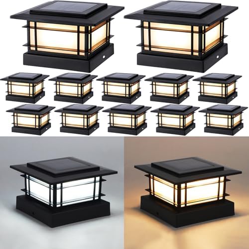Dynaming 4x4 Solar Post Cap Lights Outdoor with 2 Color Modes, 12 Pack Fence Post Solar Lights Black Shell Fit for Vinyl/Wooden Posts, High Brightness SMD LED Lighting Decor for Garden Deck Patio by Dynaming