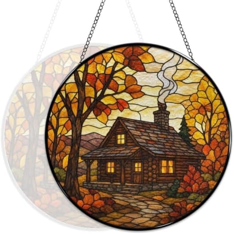 Autumn Maple Log Cabin Stained Glass Suncatcher 9.8" Colorful Window Hanging Ornament, Retro Sun Catcher Decor with Chain for Home Wall Garden Birthday Christmas Mothers Day - Image 5