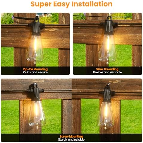Kawaya Outdoor String Lights for Patio - ST38 Outside IP65 Waterproof Hanging Light with 2700k~6000k Dimmable - 50FT Led Edison Lights for Cafe Bistro Yard Gazebo Porch - Image 6