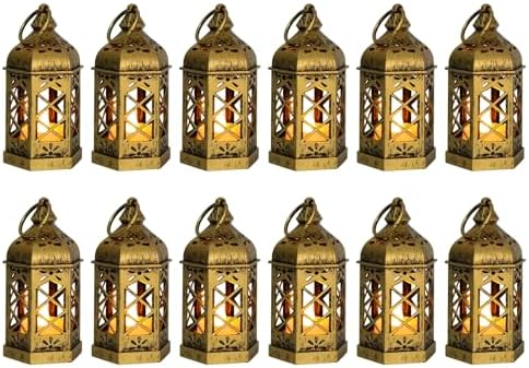 12-Pack Mini Gold Lanterns with Flickering LED Candles for Ramadan, Small Decorative Hanging Lanterns for Halloween, Christmas, Wedding, Lantern for Table Centerpiece, Garden Party Decor by ReperlaSpecialMiniSmallLanternDecoration