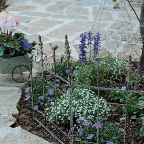 Vintage Distressed Green Metal Garden Fence Panels, 25.6" W x 23.2" H Rustic Cast Iron Picket Fence, Outdoor Landscape Edging Yard Stakes for Flower Bed & Lawn Border - Image 5
