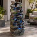 Outdoor Water Fountain with White LED Lights, 23.6" Stacked Rock Cascading Water Feature, Freestanding Garden Fountain for Patio, Backyard, Balcony, Deck, Porch, Housewarming Gift by Unknown