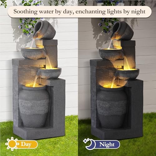 Outdoor Water Fountain, 4 Tiered Waterfall Fountains with LED Lights, Garden Bowl Waterfalls, Modern Cascading Flow Fountain for Garden, Yard, Patio, Home Decor (Grey) - Image 4