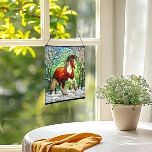 Brown White Icelandic Horse cantering through winter orchard Square Suncatcher–Stained Glass Style Window Panel with Pastoral Scene, Custom Decorative Hanging Art for Equestrian Home, Christmas anTV9F - Image 3