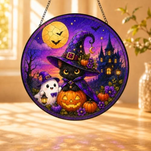 Halloween Window Hanging Suncatcher, Black Witch Cat Pumpkin Stained Glass Art Jack‑O‑Lantern, Spooky Cute Gothic Witchy Home Wall Ornament Fall Sun Catcher for Cat 11.81" - Image 2