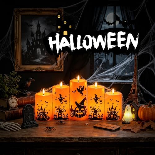 kakoya 5 Pack Halloween Flameless LED Pillar Candles, Orange Plastic Battery Operated Candles with 2 Remote Timer, Castle Pumpkin Witch Pattern for Halloween Spooky Decor - Image 3