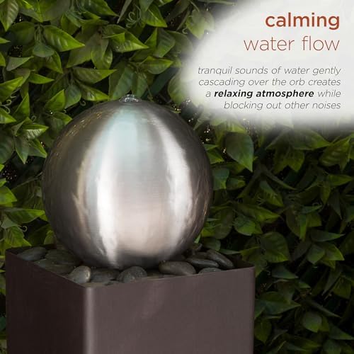 Alpine Corporation CPS188 Indoor Outdoor Modern Metal Orb Water Floor Fountain with River Rock Stone for Patio, Garden and Living Room, 37" H, Brown - Image 6