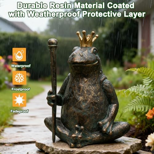 Frog Garden Statue, Yard Decorations Outdoor Decor, Weather-Resistant Animal Figurines & Sculptures, Seated Prince Frog with Scepter for Patio & Lawn, 11.5" H×9.8" L - Image 4