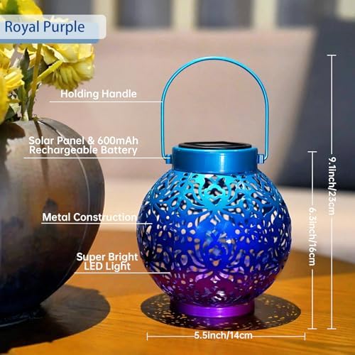 2 Pack Solar Hanging Lanterns, Metal Decorative Lamp, Royal Purple - Image 2