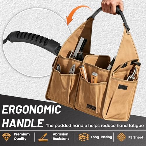 Tool Bag, 13.8-inch Heavy Duty Wide Mouth Water-Resistant Waxed Canvas Garden Bag with Reinforced Bottom for Tools, Wrenches, Screwdrivers | Khaki - Image 4