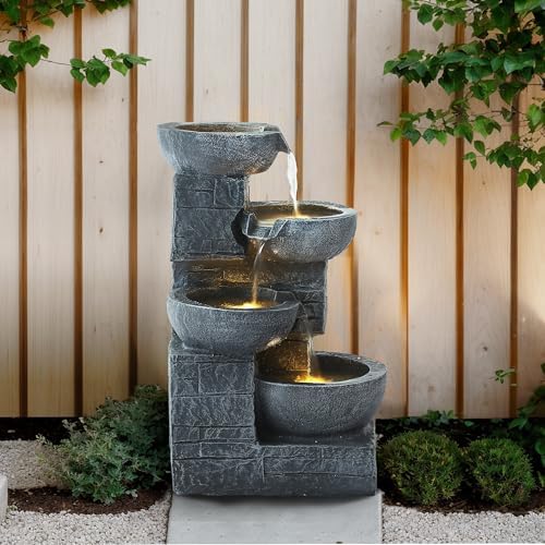4 Tiered Waterfall Fountains, Outdoor Water Fountains with LED Lights, Garden Outside Brick Waterfalls, Modern Cascading Flow Fountain for Garden, Yard, Patio, Home Decor (Grey) - Image 7