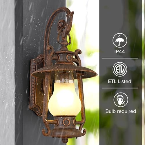 GZBtech Large Rustic Lantern Wall Sconce Outdoor, Vintage Rust Color Exterior Sconce Light, 110V Waterproof Kerosene Wall Mounted Lighting Fixture with Frosted Shade for Porch Garage Room, UL Listed - Image 3