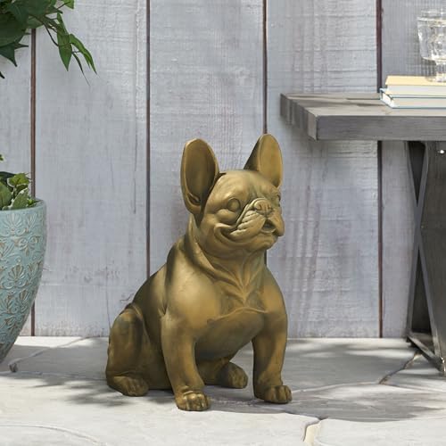 French Bulldog Garden Statue, 17" Tall Outdoor Dog Sculpture, Rustic Gold Cast Stone Frenchie Figurine for Garden, Patio, Porch, or Lawn Décor, Weather-Resistant and Handcrafted Finish - Image 2
