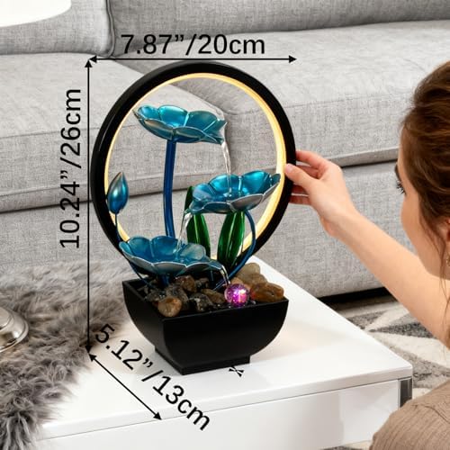 AOZITA Tabletop Fountain, Indoor Waterfall Fountain, Small Home Décor Zen Relaxation Soothing Sound Machine for Office, Living Room, or Bedroom,Blue Metal Lotus with Bud, River Rocks,Round LED - Image 2