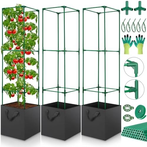 3 Pack Tomato Cage for Garden, Upgraded Fiberglass Garden Trellis with 3 PCS Grow Bags, Square Tomato Planter Support Garden Cages for Cucumber Vegetables Vertical Climbing Plants by LifeisLuck