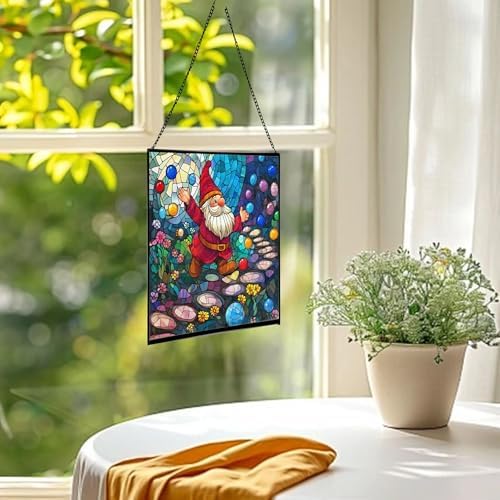 Gnome in a Jellybean Garden Stained Glass Suncatcher – Square Hanging Window Panel for Home or Greenhouse – Whimsical Glass Art Gift for Garden Lovers, Christmas, Halloween, Father Days v4Uq3H - Image 3