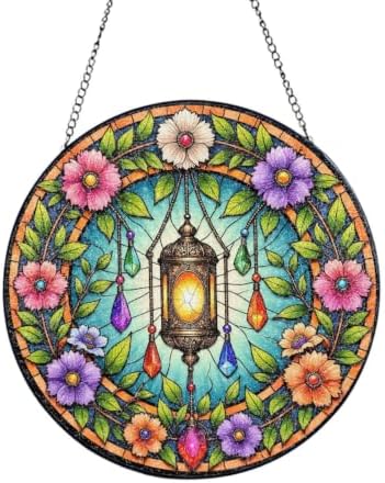 Ornate Lantern with Blooming Flowers and Gems Stained Glass Suncatcher 12in by Unknown