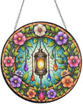 Ornate Lantern with Blooming Flowers and Gems Stained Glass Suncatcher 12in by Unknown