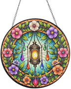 Ornate Lantern with Blooming Flowers and Gems Stained Glass Suncatcher 12in by Unknown