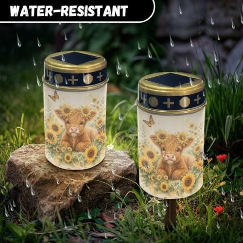 Poceacles Solar Lights Outdoor Waterproof Grave Lights for Cemetery LED Flameless Candle Cemetery Solar Pillar Candles Outdoor Decor, Highland Cow Sunflower Butterfly, Set of 4 - Image 6