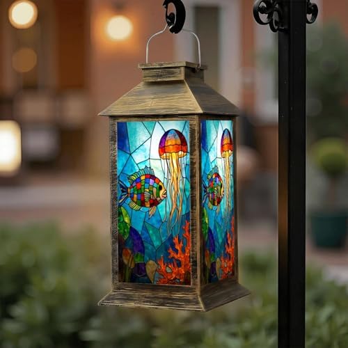 Solar Lantern Outdoor Waterproof Stained Glass Fish Jellyfish Vibrant Colors Garden Decor LED Hanging Solar Lights Tabletop Lamp Gifts for Women Mom Outside Yard Patio Porch by DERUINVAIO