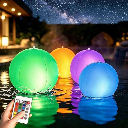 LOQOMI Solar Floating Pool Lights 4 Pack， 14 Inch 16 Color Changing LED Inflatable Balls,Waterproof Inflatable Solar Pool Light，Light Up Beach Balls for Pool Decorations Outdoor by LOQOMI