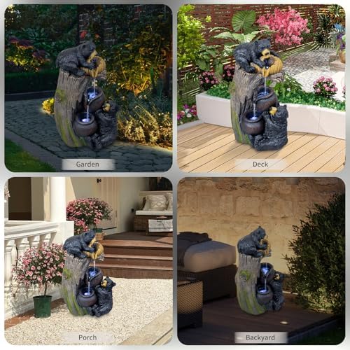 23.6'' Bear Outdoor Water Fountain with LED Lights, Cascading Resin Garden Waterfall Fountain with Pump, Cute Animal Water Feature for Patio Yard Backyard Balcony Decor - Image 6