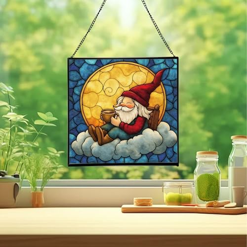 Cocoa by Moonlight Gnome Stained Glass Suncatcher – Square Hanging Window Panel for Home or Greenhouse – Whimsical Glass Art Gift for Garden Lovers, Christmas, Halloween, Father Days oK2gHR - Image 2