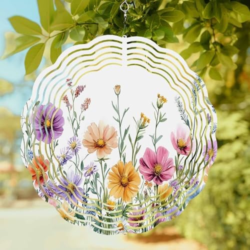 Wind Spinners for Yard Garden, Country Flower Leaf Watercolor Plant 3D Stainless Steel Round Hanging Spinners Indoor Outdoor Kinetic Yard Art,12 Inch, Wildflower Floral by IDOWMAT