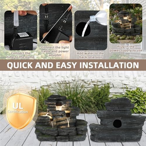 5-Tier Rock Outdoor Water Fountain, 29.7" L Realistic Moss Decor & Cascading Waterfall Fountain with LED Lights, Resin Garden Water Feature for Patio, Yard & Porch, Home Art Décor - Image 7