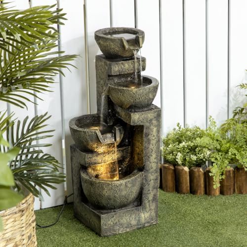 Outsunny Outdoor Fountain 4-Tier Stone Look Bowls Cascading Waterfall Gray by Outsunny