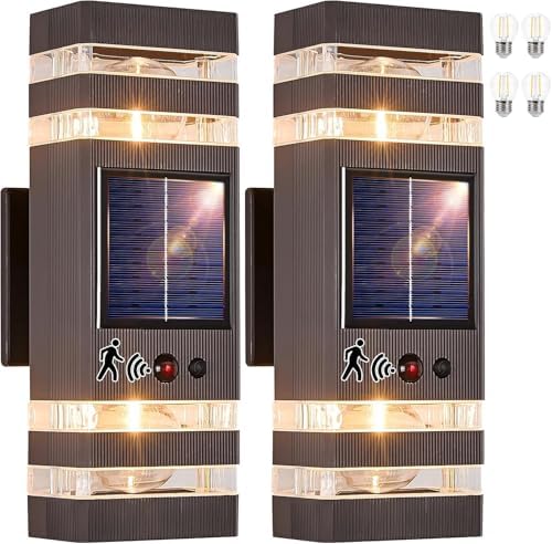 Oil Rubbed Bronze Solar Outdoor Wall Lights with 3-Mode Motion Sensor Outside Sconces Up Down Solar Porch Light Fixtures 3000K 500LM Dusk to Dawn Modern Exterior Wall Lamp for House Garage Front Door by DELICAVYLIGHTING