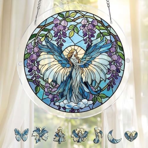 Angel Puzzle Acrylic Suncatcher Size 10 inches, Garden Floral Sun Catchers, Window Hanging Ornaments, Stained Glass Effect Decor for Puzzle Lover by GIKZO