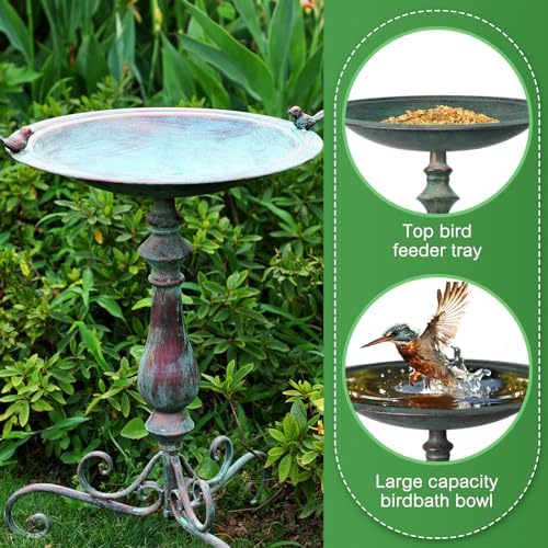 Newtay 27.25 Ornate Metal Pedestal Style Birdbath with Cast Iron Vintage Birds Baths for Outdoors on Rim Full Base Standing Bird Bath Tray for Garden Yard Decoration, Green, Not Easy to Rust - Image 4